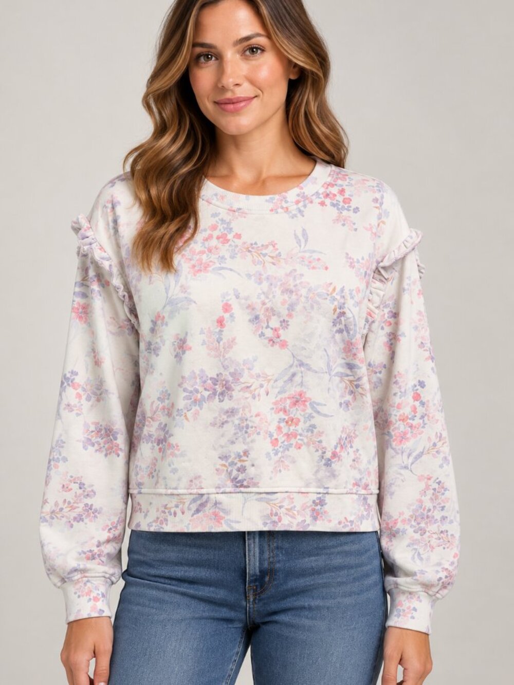 Generation Love Zoe Floral Ruffle Sweatshirt M Cottagecore Crewneck Pullover